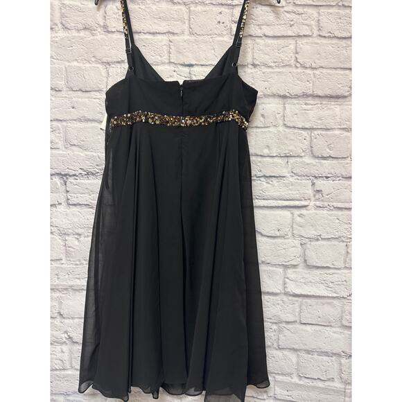 Eva Blue Black Mini Chiffon Swing Dress Gold Sequin Trim Adj. Straps SZ 12 NWT - Picture 4 of 5